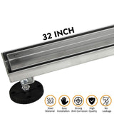 32-Inch Linear Shower Drain with Tile Insert Grate, Brushed 304 Stainless Steel Long Shower Floor Drain for Bathroom, Rectangle Floor Shower Drain with Adjustable Leveling Feet and Hair Strainer