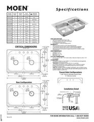 Moen G222133 2200 Series 22 Gauge Double Bowl Drop In Sink, Stainless Steel